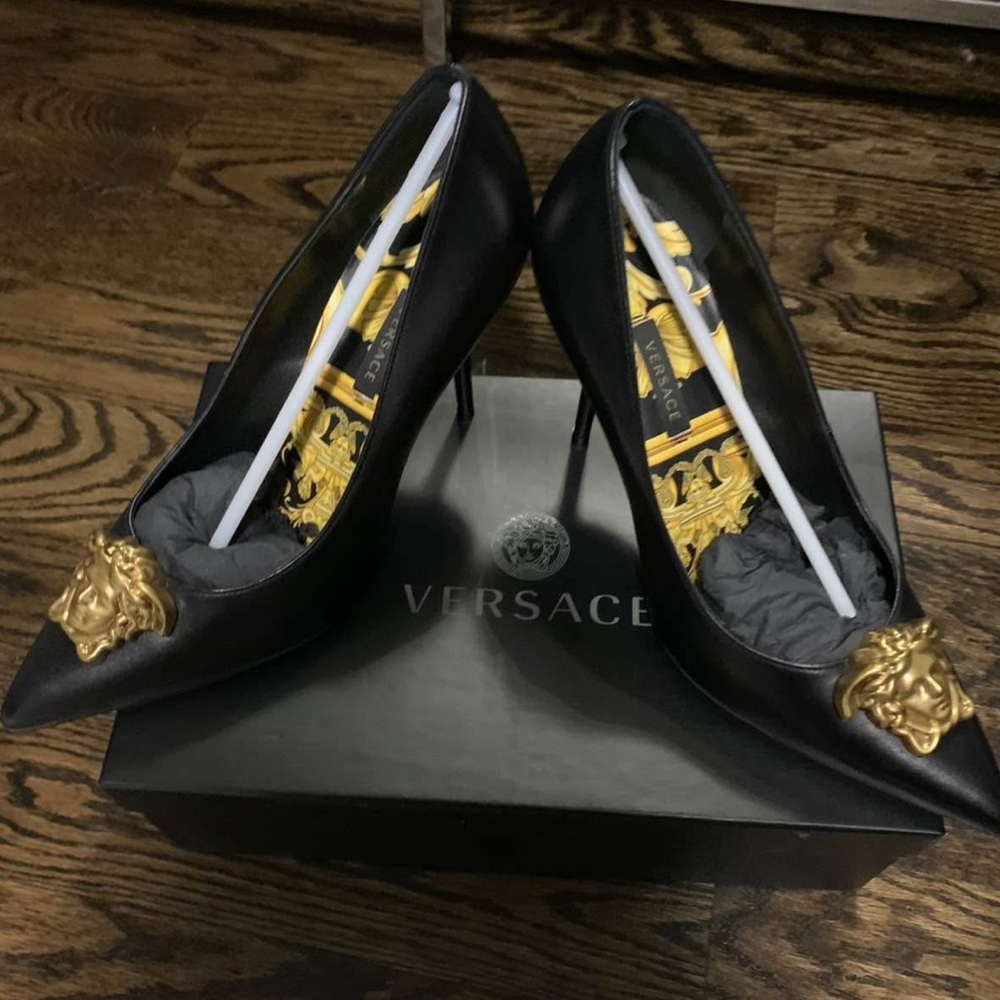 Versace Black Heels with Gold Medusa Detail
